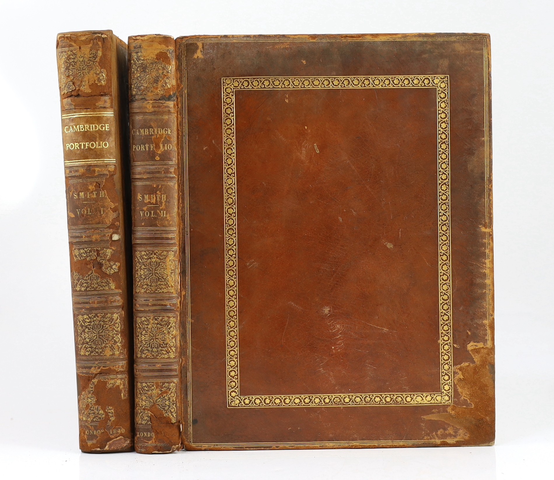 CAMBS: Smith, Rev. J.J., editor - The Cambridge Portfolio. 2 vols. pictorial title vignettes, 78 plates (2 tinted) and num. text engravings; gilt-ruled and decorated russia, ge. and marbled e/ps., roy.4to. London & Cambr